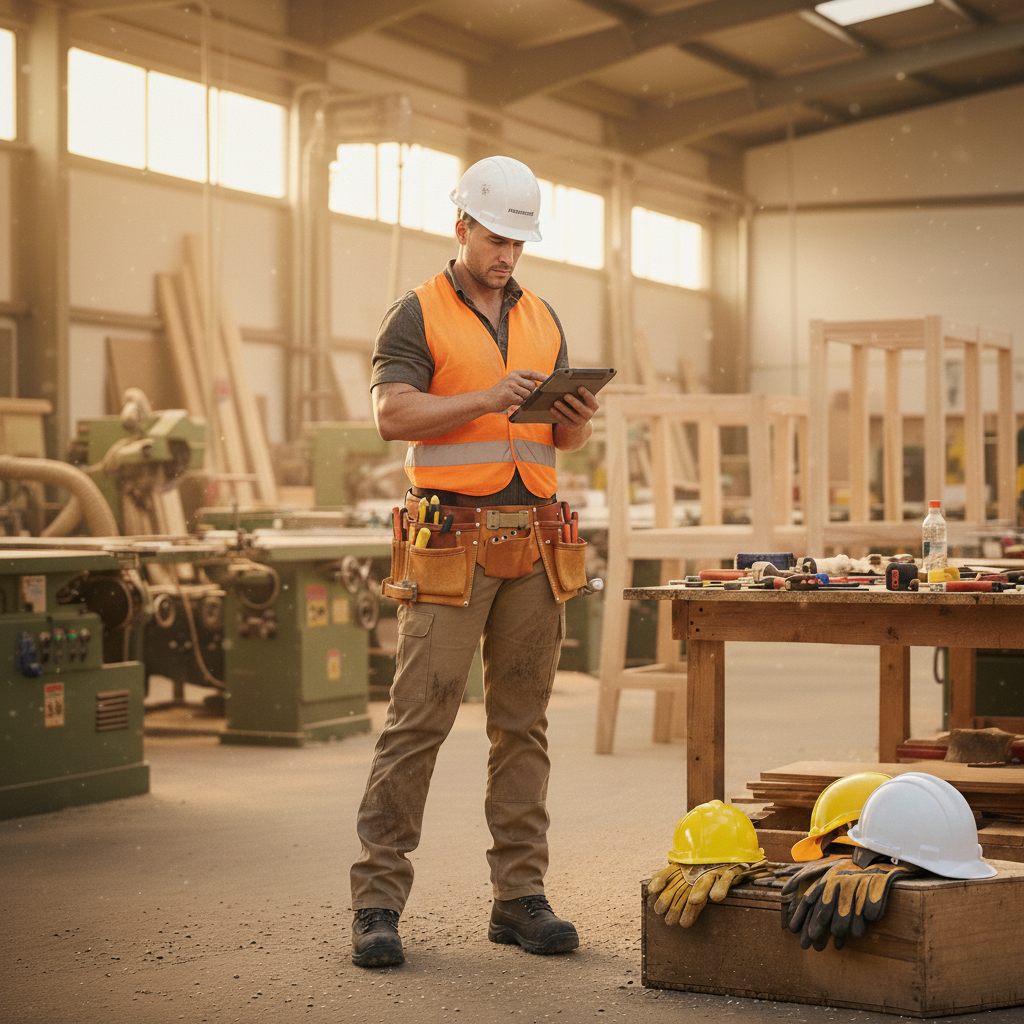 Инженер на объекте с планшетом и инструментами